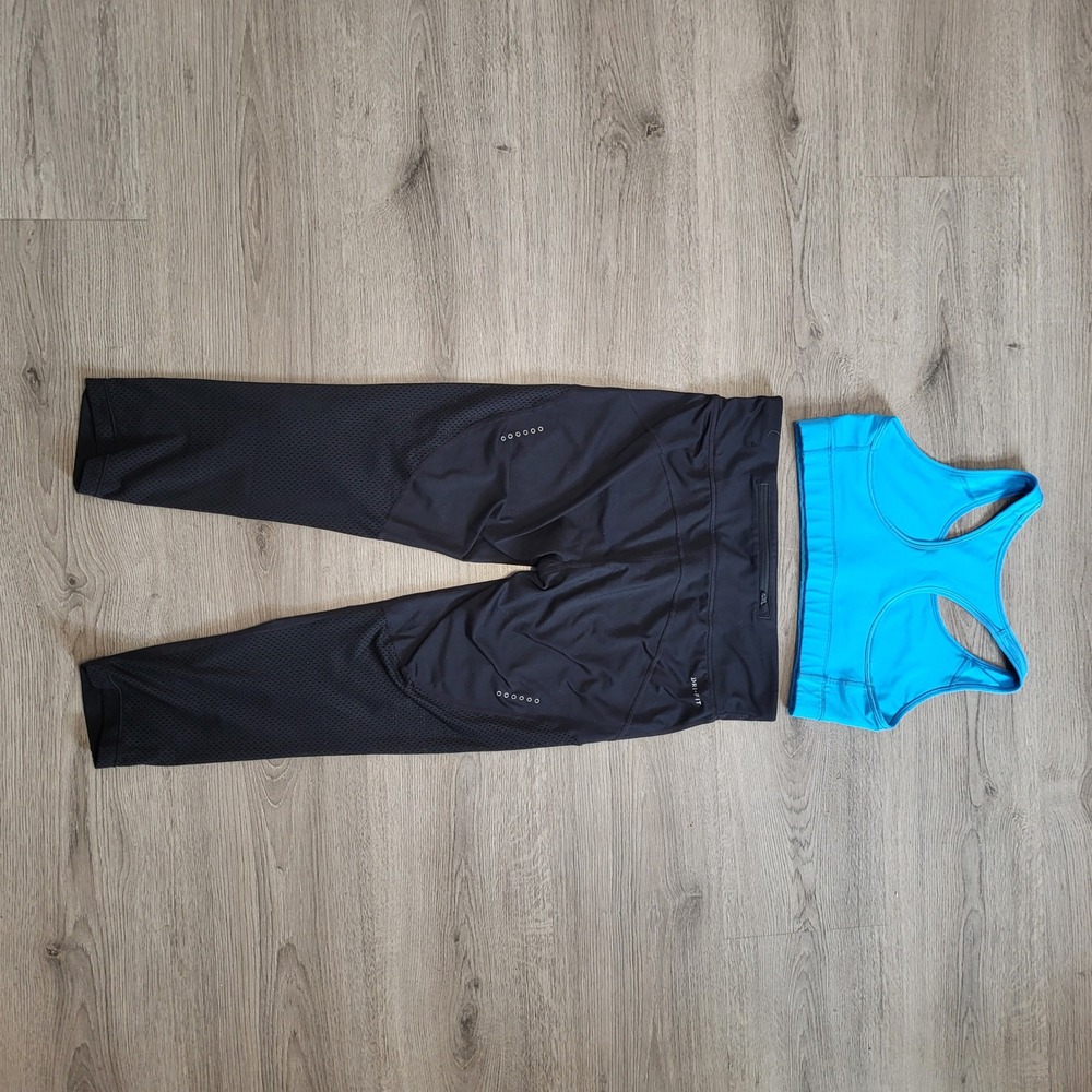 Nike Outfit Womens Dri-FIT Sports Bra Crop Leggings Set Blue Black Gym Medium - Picture 8 of 9